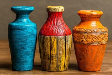 Leinwandbilder - Handcrafted decorative vases showcase vibrant colors and unique designs on wooden table