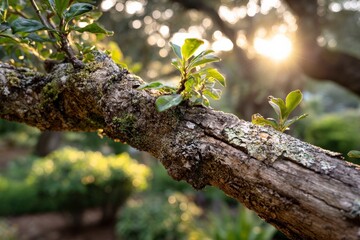 Poster - Fresh green leaves emerge from an old tree branch illuminated by the soft glow of the sunset in a tranquil garden
