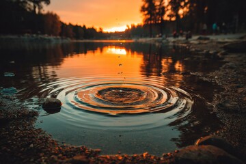 Aufkleber - Sunset reflections on a serene lake with ripples creating a tranquil atmosphere in the evening