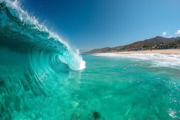 Aufkleber - Crystal clear turquoise wave rolls onto the serene beach under bright blue sky at midday