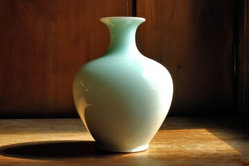 Poster - Ceramic vase with a smooth green glaze illuminated by natural light on a wooden surface in a cozy interior setting