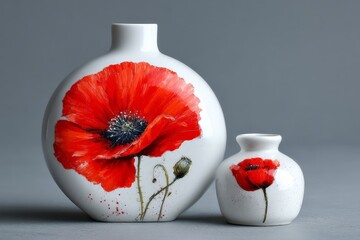 Poster - Ceramic vases adorned with vibrant red poppy flowers showcased against a gray background
