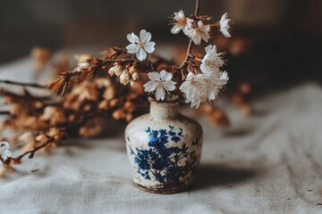 Poster - Beautiful floral arrangement in a vintage vase on a textured fabric background