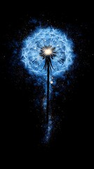 blue dandelion puff dispersing into stardust