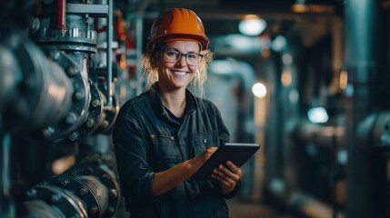 Wall Mural - a confident female engineer uses a digital tablet while inspecting pipe fittings, smiling at the cam