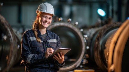 Wall Mural - a confident female engineer uses a digital tablet while inspecting pipe fittings, smiling at the cam