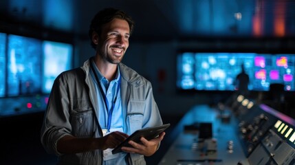 Wall Mural - a smiling engineer holds a tablet in a high-tech control center, with large screens and equipment li