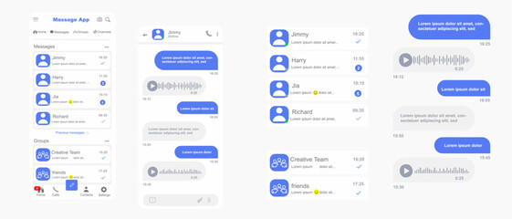 messaging app ui light theme vector, chat application interface screens design