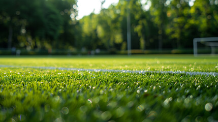 Wall Mural - a fresh spring sunny garden background of green grass and blurred foliage bokeh.
