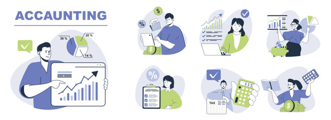 Leinwandbilder - Accounting concept set for web design. Collection with people making financial balance review, tax calculation, banking and investing money. Flat vector illustration isolated on white background.