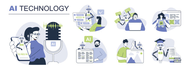 Poster - AI technology concept set for web design. Collection with people using chatbot, virtual assistant helping, image generation and data analysis. Flat vector illustration isolated on white background.