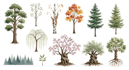 Watercolor transparent trees with transparent background