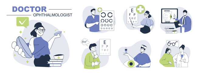 Aufkleber - Doctor ophthalmologist concept set for web design. Collection with people visiting eye clinic for eyesight tests, get lens or glasses correction. Flat vector illustration isolated on white background.