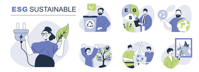 Poster - ESG sustainable concept set for web design. Collection with people doing eco friendly businesses with circular economy and waste recycling. Flat vector illustration isolated on white background.