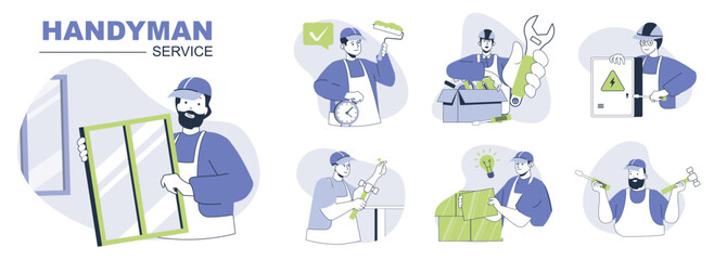 Poster - Handyman service concept set for web design. Collection with people doing house repair, installing windows, bricklaying and painting walls. Flat vector illustration isolated on white background.