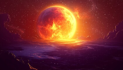 Wall Mural - blazing planet landscape, mysterious universe with glowing planet, abstract cosmic background