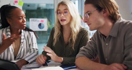 Aufkleber - Creative, teamwork and people with tablet in meeting for advertising campaign, project management and ideas. Digital marketing, discussion and group with metric system for brand strategy and research