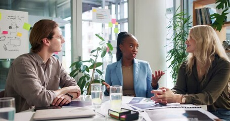 Aufkleber - Planning, meeting and business people with documents for project, feedback and research notes. Creative startup, office and men and women with paperwork for marketing, advertising and brand strategy