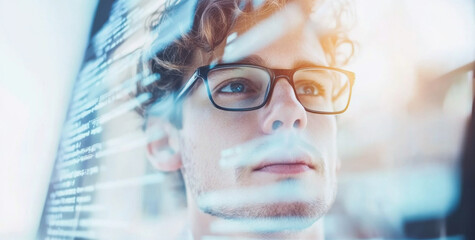 Male software developer working with code overlay, close-up background