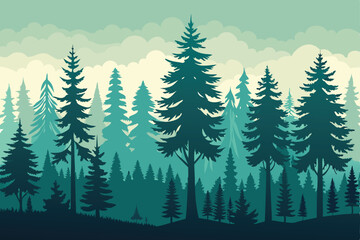 Silhouette of a coniferous forest with a cloudy sky background in vector
