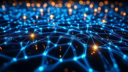 Aufkleber - Glowing Blue Network Lines with Nodes and Orange Bokeh on Transparent Background