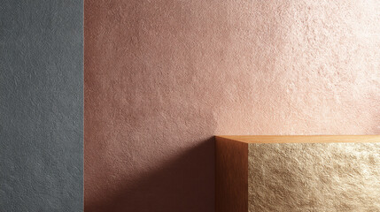 Poster - Metallic texture wall with harmonious blend of gray, rose gold, and gold hues, featuring geometric wooden block, modern minimalist style, soft lighting, elegant and calm atmosphere