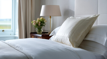 Poster - Serene bedroom with luxury fabrics, plain color bedding, soft pillow, elegant lamp, and fresh flowers creates peaceful, inviting atmosphere for relaxation and comfort