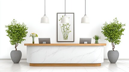 Wall Mural - Modern reception area with marble counter and potted plants creates welcome.