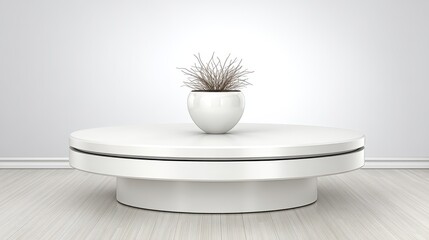 Wall Mural - A simple white planter with neutral dried grass sits on a round table.
