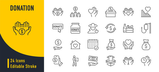  Donation web icons in line style. Charity, now, money, nonprofit, donor, volunteer, community, collection. Vector illustration.