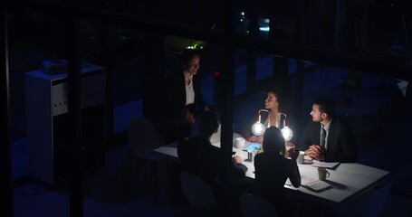 Fototapete - Meeting, applause and excited business people at night for planning, conversation and teamwork. Collaboration, corporate workplace and men and women talking, brainstorming and celebrate in office