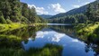 © Lonely Dragon - A peaceful lake nestled in the mountains, with still water reflecting the clear sky and surrounded by lush pine trees