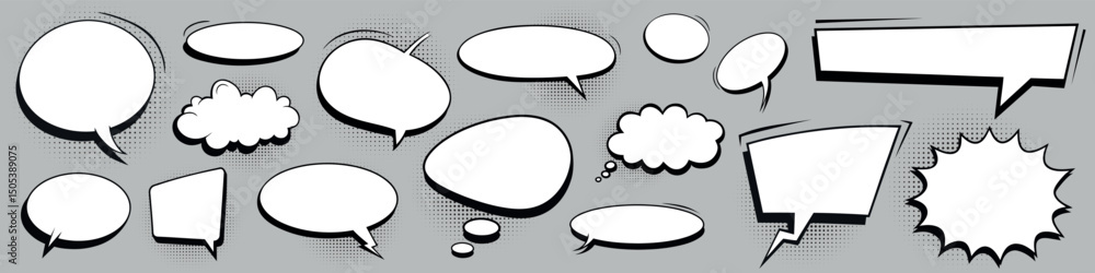 Set of retro empty comic bubbles and elements with black halftone ...