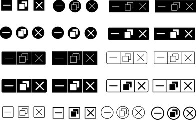 Maximize and minimize close window button set. Browser web button icons. Close windows. web button sign. application software navigations basic buttons