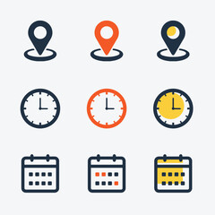 Wall Mural - Date, time and location icons. Calendar icon symbol, clock sign, location pin signs