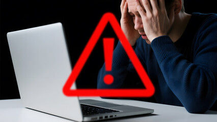 Worried man facing computer problems with warning sign on a black background
