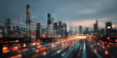 Fototapete - Futuristic Cityscape at Night With Light Trails, Emphasizing Technological Advancement and Digital Transformation : Generative AI