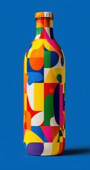 Leinwandbilder - Colorful Geometric Patterned Bottle on Blue Backdrop, Showcasing Modern Design and Creative Packaging for Product Branding and Marketing Campaigns : Generative AI
