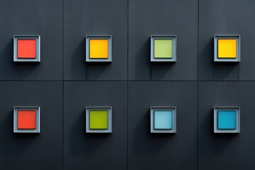 Poster - Colorful Squares on Dark Wall, Representing Modern Design and Creative Solutions, Perfect for Visual Communication and Branding Projects : Generative AI