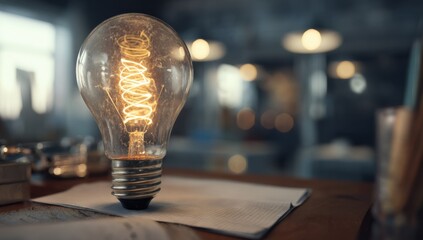 Poster - Glowing Lightbulb on Wooden Desk With Paper, Representing Innovation and Creative Problem Solving in Business and Education, Sparking New Ideas : Generative AI