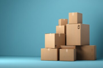 Aufkleber - Stack Of Cardboard Boxes Against Blue Backdrop, Symbolizing Logistics and Supply Chain Management, Ideal for E-commerce or Moving Services Marketing Material : Generative AI