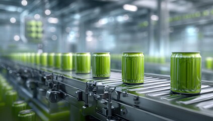 Leinwandbilder - Green Aluminum Cans on Conveyor Belt in Factory, Illustrating Automated Production and Manufacturing Efficiency for Beverage Industry : Generative AI