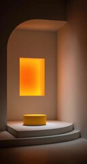 Poster - Minimalist Room With Yellow Podium and Glowing Window, Ideal for Product Presentation and Modern Design Inspiration : Generative AI