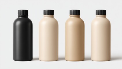 Aufkleber - Four Matte Bottles in Neutral Colors on White Background, Showcasing Product Packaging and Branding Mockup : Generative AI