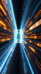 Wall Mural - Futuristic data stream tunnel with glowing blue and orange lines and coded information