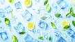 © Shodaime - Refreshing composition of ice cubes, lemon slices and basil leaves on light blue backdrop