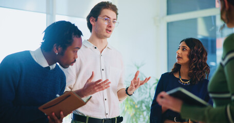 Leinwandbilder - Meeting, business people and discussion with manager for event, planning and creative direction. Coworking, men and woman with teamwork for ideas, delegation and deadline or schedule in office