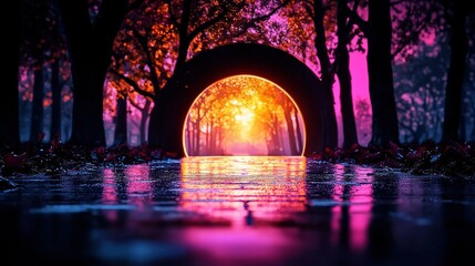 Wall Mural - a tunnel in a forest reflects bright light onto water at its end