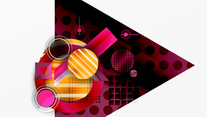 Poster - Abstract geometric composition. Shapes overlap, creating dynamic visual effect. Colors include red, orange, white, pink. Modern design.