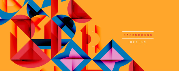 Fototapete - Abstract geometric shapes overlap, creating vibrant composition. Orange background complements blue, pink, red elements. Modern design.